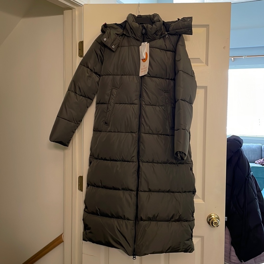 Save the duck long puffer jacket, olive green color